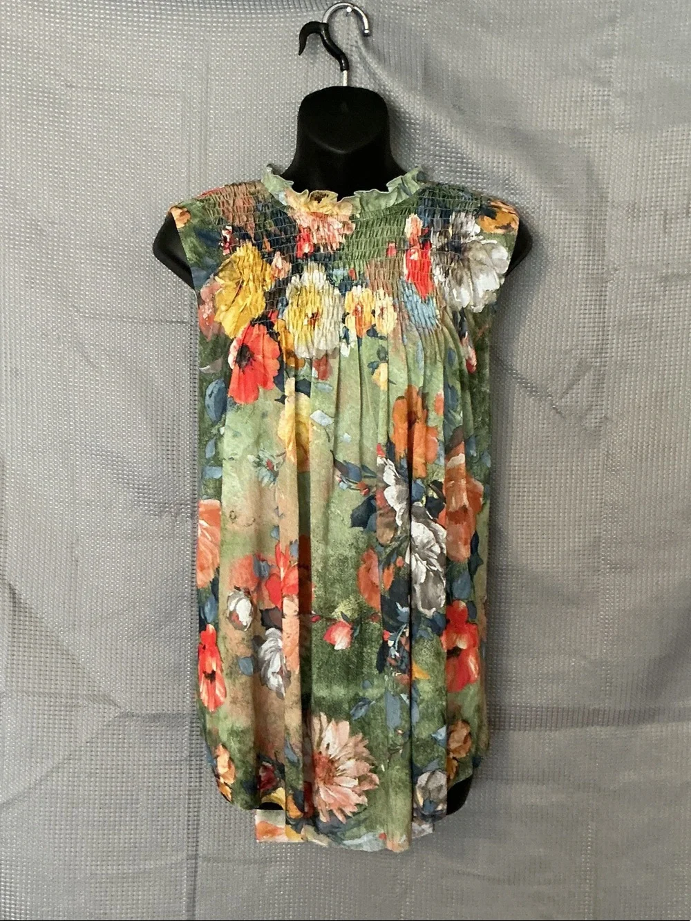 Deletta Olive Floral Smocked Sleeveless tank top with Multicolor Blooms